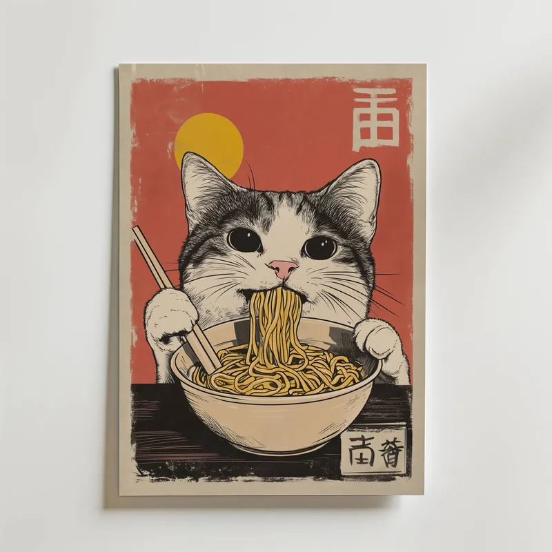 Autentisk Cat Eats Noodle Poster