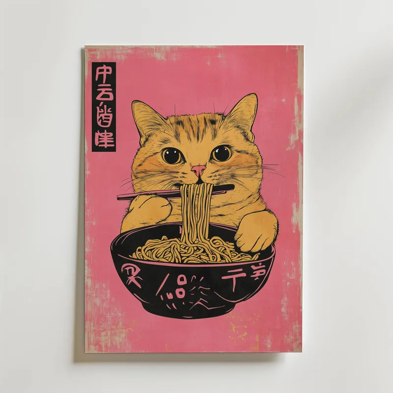 Autentisk Yellow Cat Eats Noodle Poster